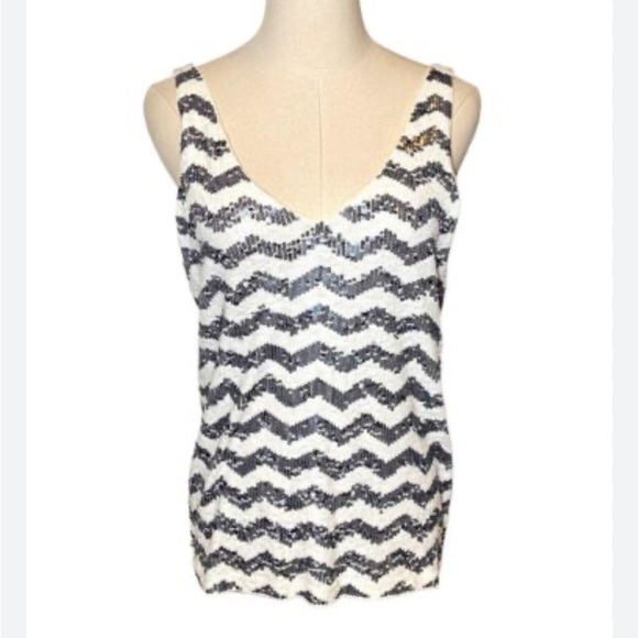 J Crew Sequined Tank Top Chevron Black White Medium 100% cotton - Picture 1 of 14